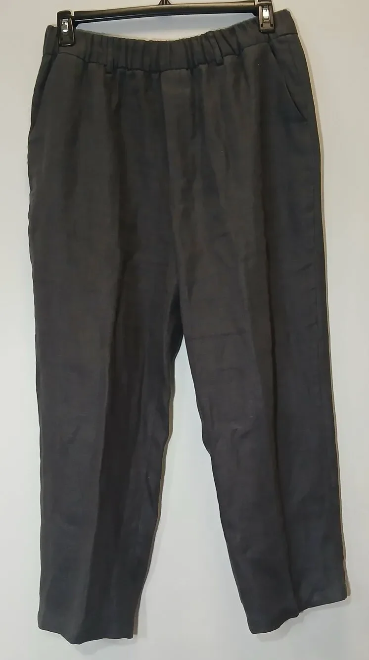 Zara womens large wide leg 100% linen gray pants charcoal gauzy elastic waist